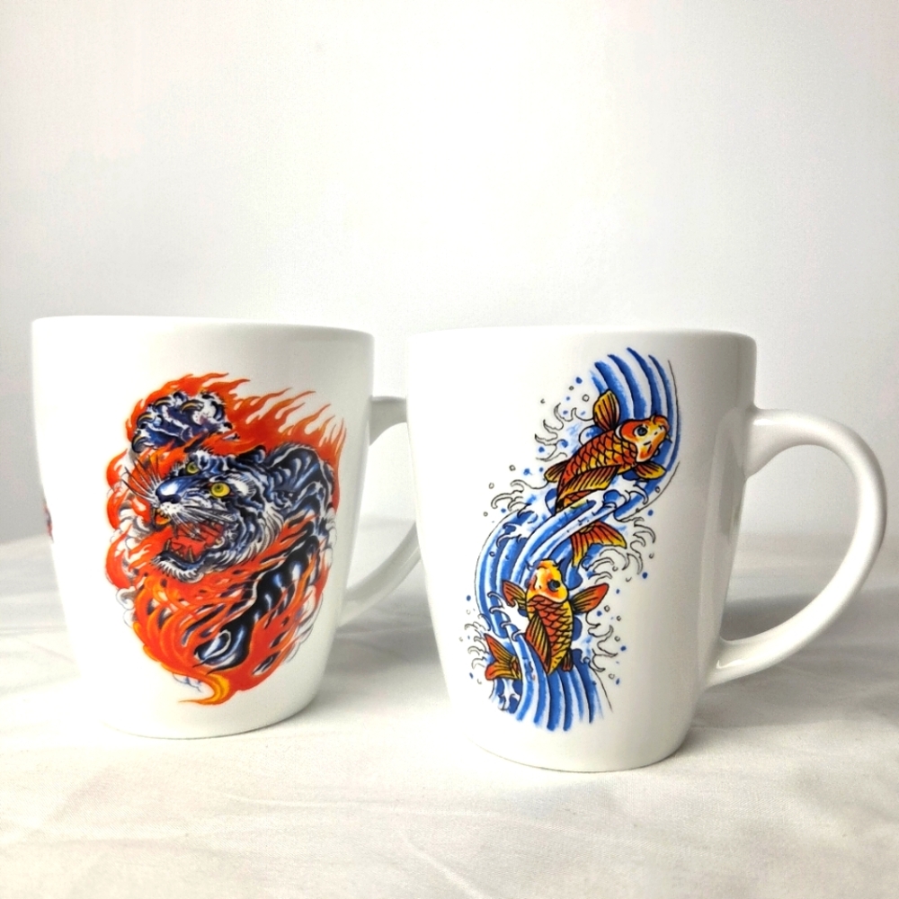 Vintage ED HARDY Fire and Water Mug Cup Set Panther Fish Y2K
